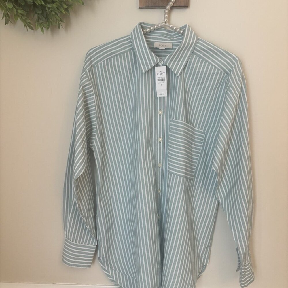 NWT LOFT Womens Size Small Green White Stripe Blouse Long Sleeve